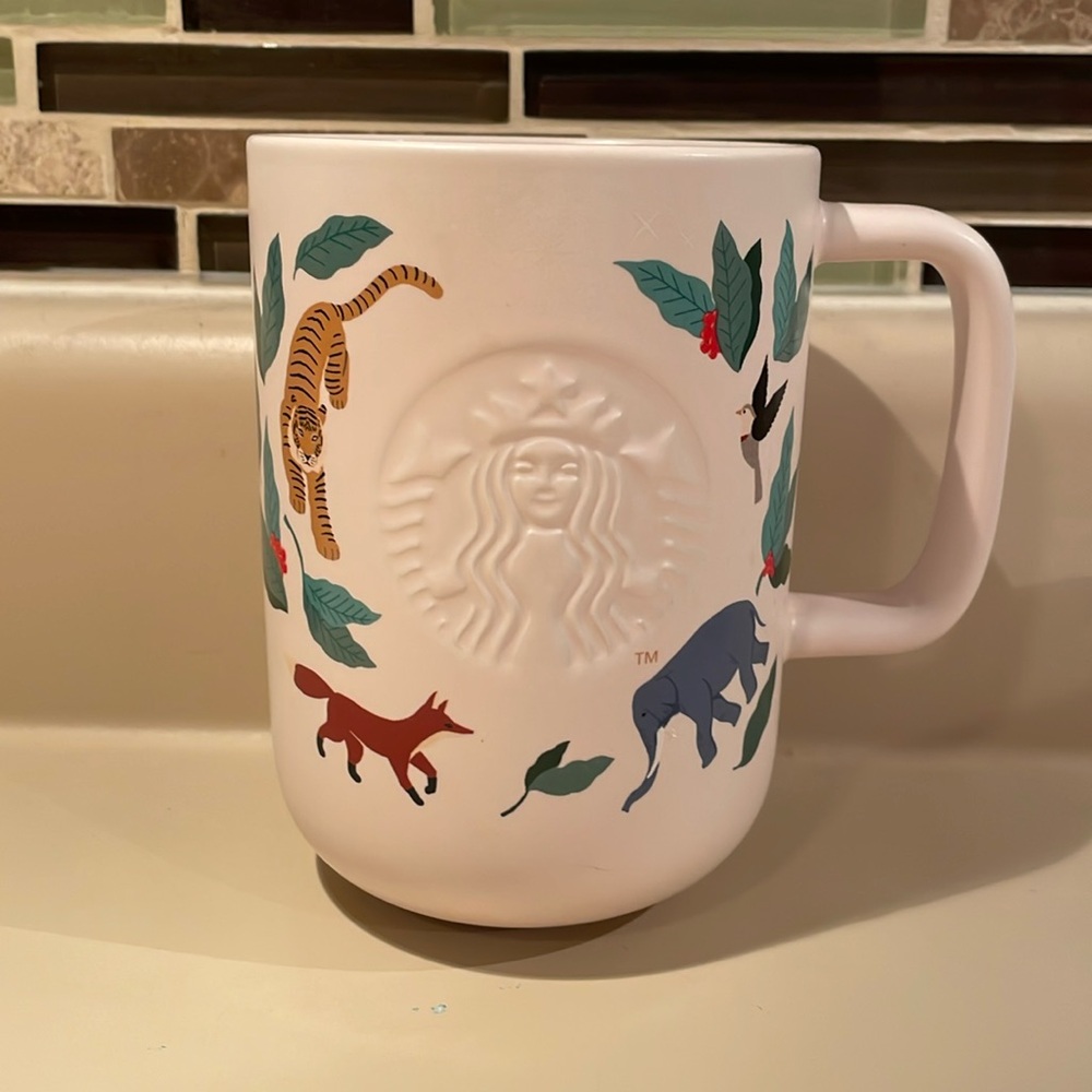 *RARE* STARBUCKS UEC Cream Colored Coffee Mug Fox Tiger Hummingbird elephant - Picture 2 of 9